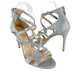 Jewel by Badgley Mischka Silver Glitter Strappy Sandals Open Toe Cage Heels 7.5